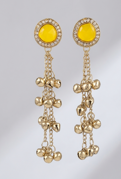 Close-up view of premium artificial Vibrant Yellow Stone & Gold Bell Tassel Statement Earrings Gold Plated Kundan Drop Earrings with Ghungroo Tassels – Traditional Fusion Long Chain Hangings for Women & Girls by Innovate Art Impex.