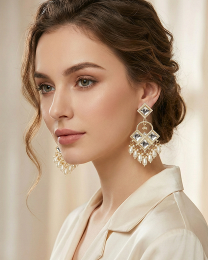 Close-up view of premium artificial Traditional Geometric Kundan & Pearl Drop Dangler Earrings by Innovate Art Impex.