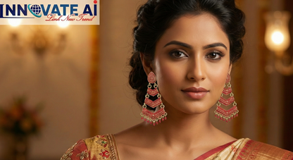 Close-up view of premium artificial Red Meenakari Gold Plated Layered Drop Earrings with Pearl Hanging by Innovate Art Impex.