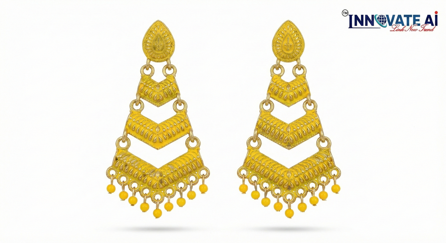 Close-up view of premium artificial Yellow Meenakari Gold Plated Layered Drop Earrings with Pearl Hanging by Innovate Art Impex.