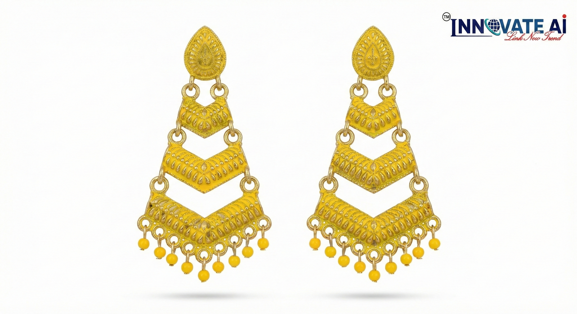 Close-up view of premium artificial Yellow Meenakari Gold Plated Layered Drop Earrings with Pearl Hanging by Innovate Art Impex.