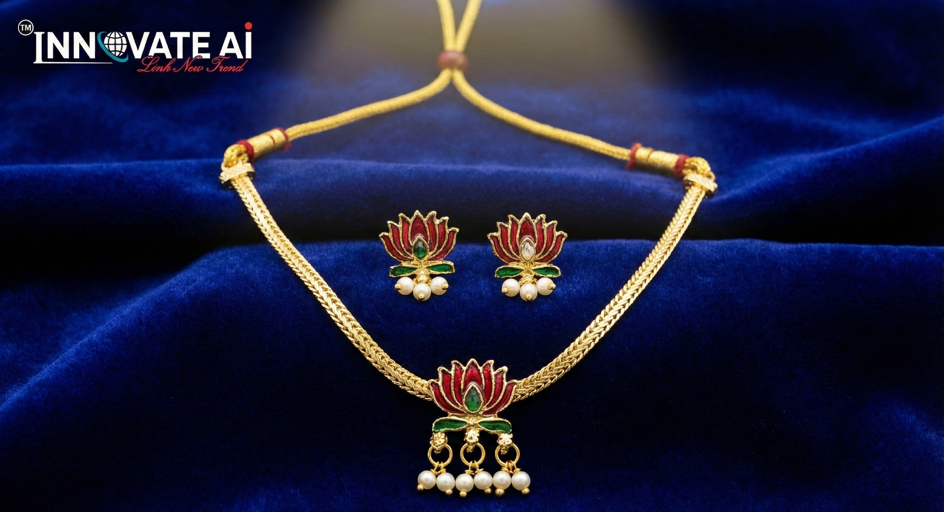 Close-up view of premium artificial Elegant Maroon Lotus Meenakari Gold Plated Choker Necklace Set with Earrings & Pearl Drops by Innovate Art Impex.