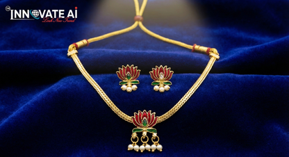 Close-up view of premium artificial Elegant Maroon Lotus Meenakari Gold Plated Choker Necklace Set with Earrings & Pearl Drops by Innovate Art Impex.