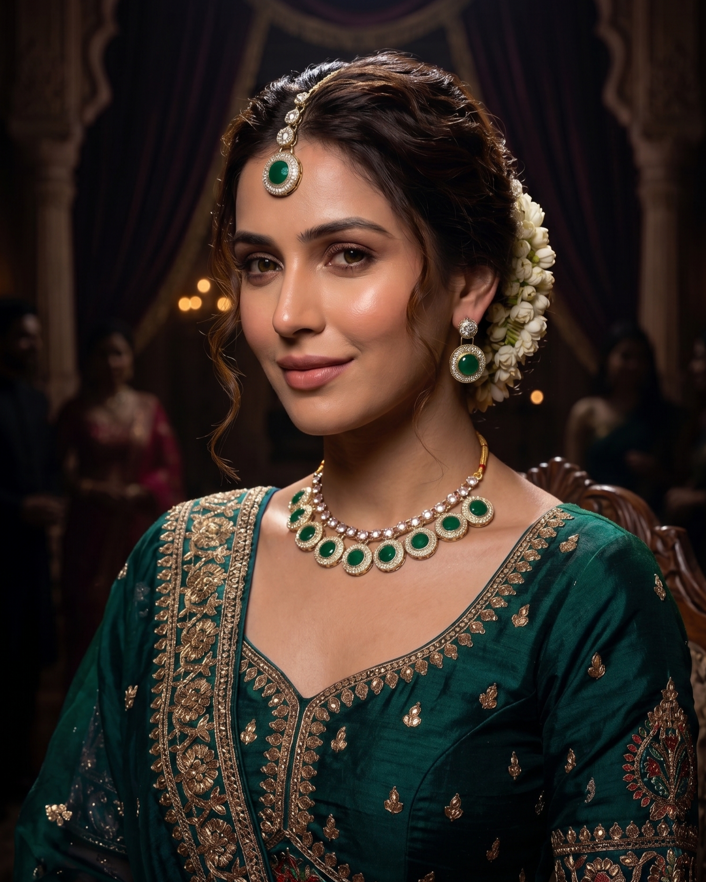 Elegant woman wearing emerald green simulated stone necklace set with matching earrings and maang tikka for a traditional wedding look.