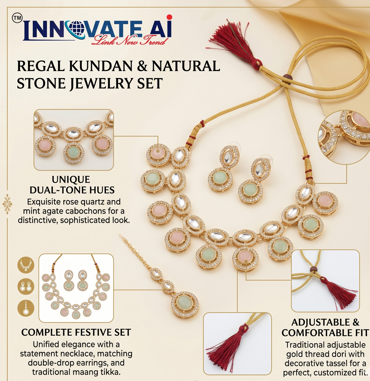 Jewelry set with necklace, earrings, and maang tikka on a beige background with Innovate AI branding.