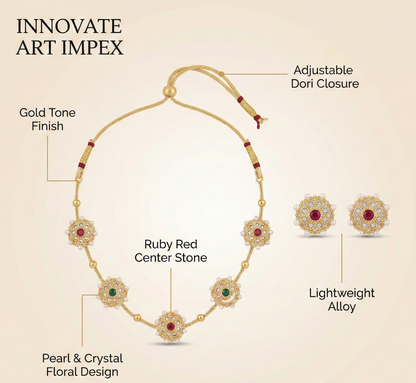 Close-up view of premium artificial Elegant Antique Gold Floral Station Necklace & Earring Set by Innovate Art Impex.