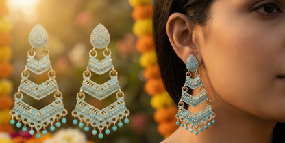 Close-up view of premium artificial Firozi Meenakari Gold Plated Layered Drop Earrings with Pearl Hanging by Innovate Art Impex.