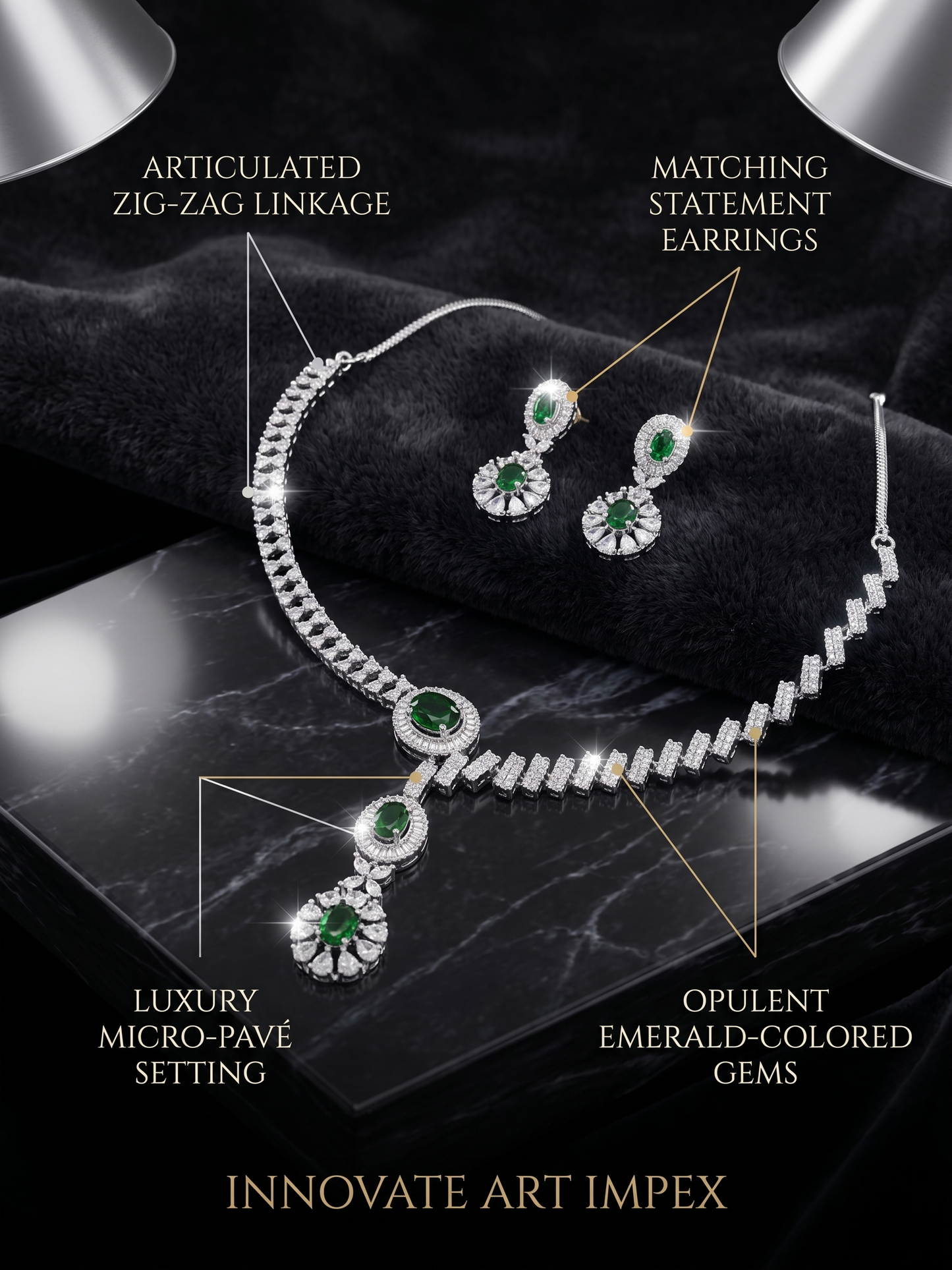 Jewelry set with necklace and earrings on a dark surface, featuring text labels and 'Innovate Art Impex' branding.