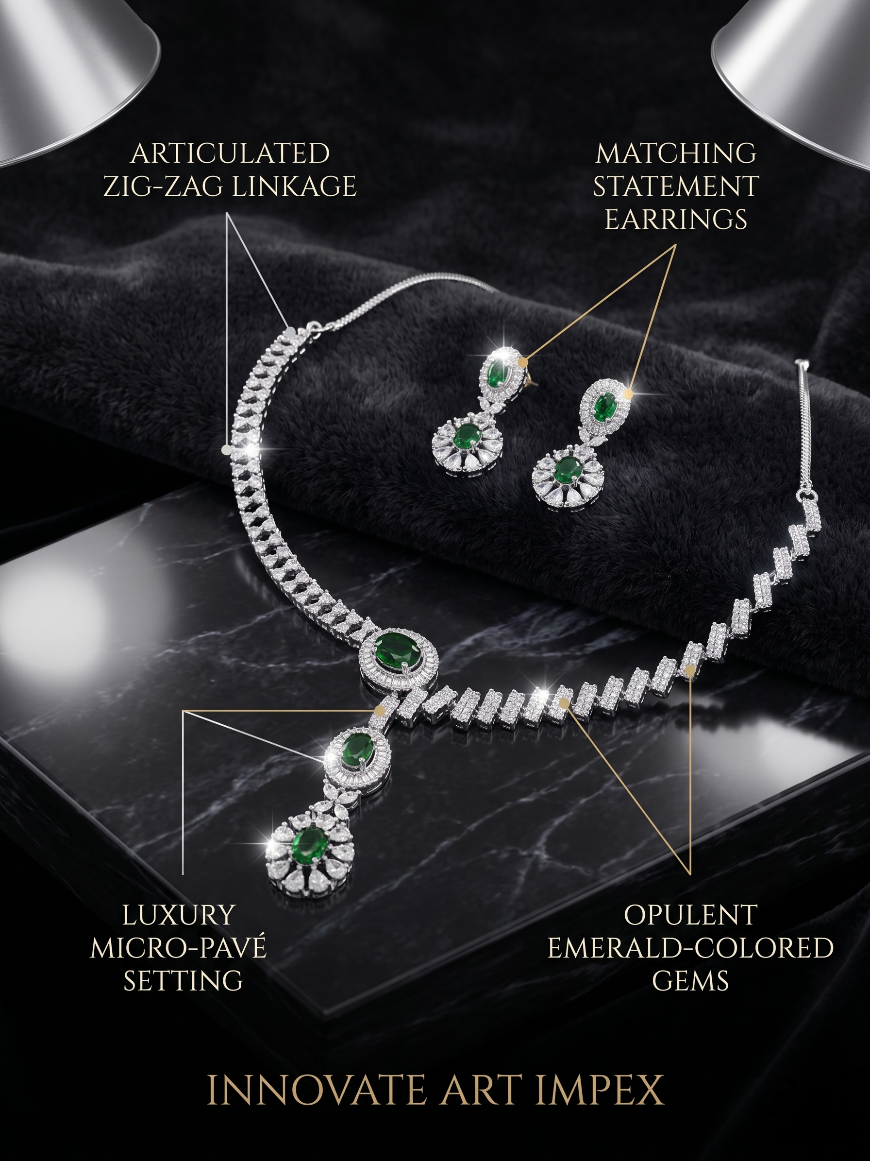 Jewelry set with necklace and earrings on a dark surface, featuring text labels and 'Innovate Art Impex' branding.
