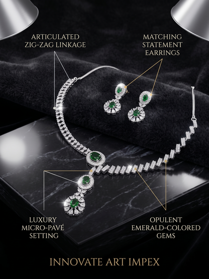 Jewelry set with necklace and earrings on a dark surface, featuring text labels and 'Innovate Art Impex' branding.