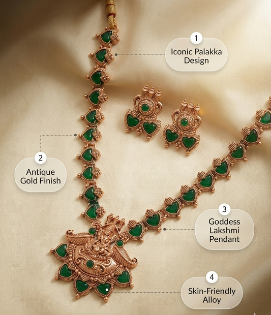 Kerala Palakka Antique Gold Necklace Set with Goddess Lakshmi Pendant Innovate Art Impex