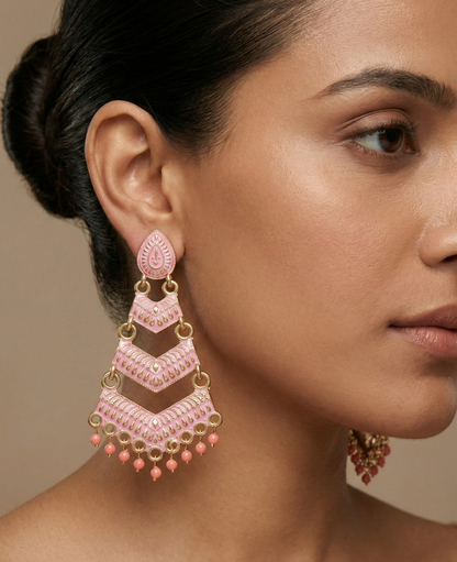 Close-up view of premium artificial Pink Meenakari Gold Plated Layered Drop Earrings with Pearl Hanging by Innovate Art Impex.
