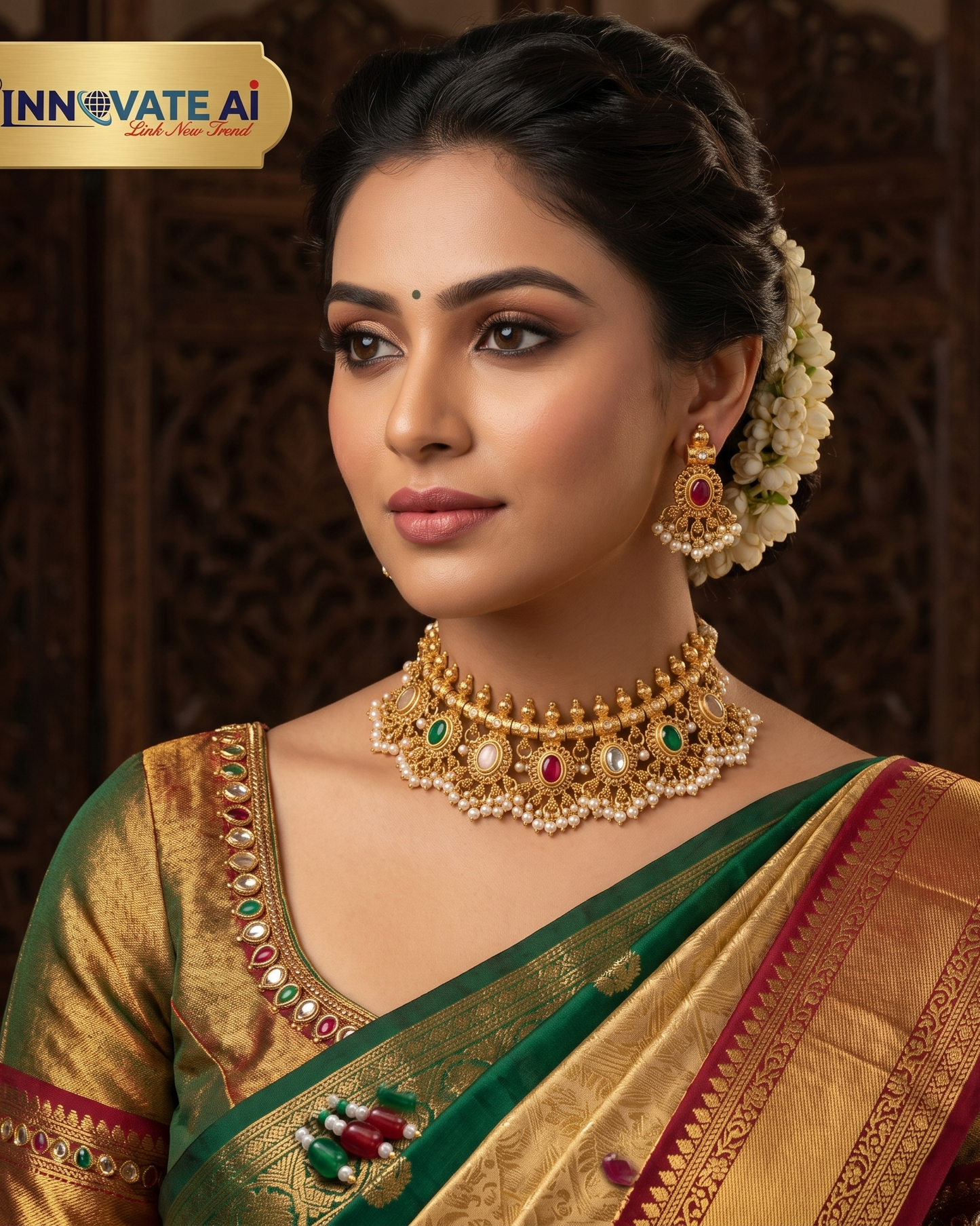Indian woman wearing a green silk saree and jasmine hair garland styled with a premium antique gold choker necklace and matching drop earrings featuring ruby, emerald stones, and pearl drops.