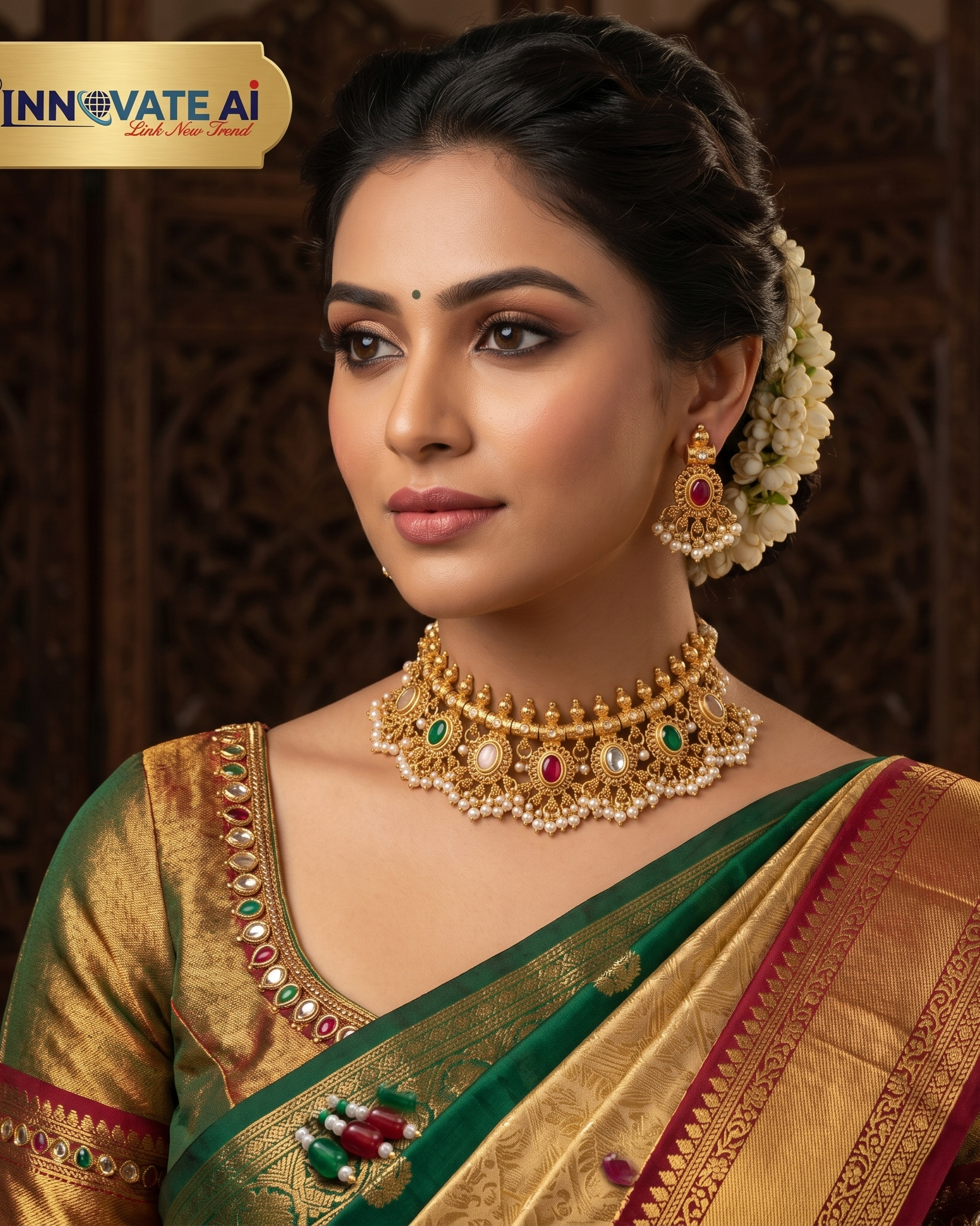 Indian woman wearing a green silk saree and jasmine hair garland styled with a premium antique gold choker necklace and matching drop earrings featuring ruby, emerald stones, and pearl drops.