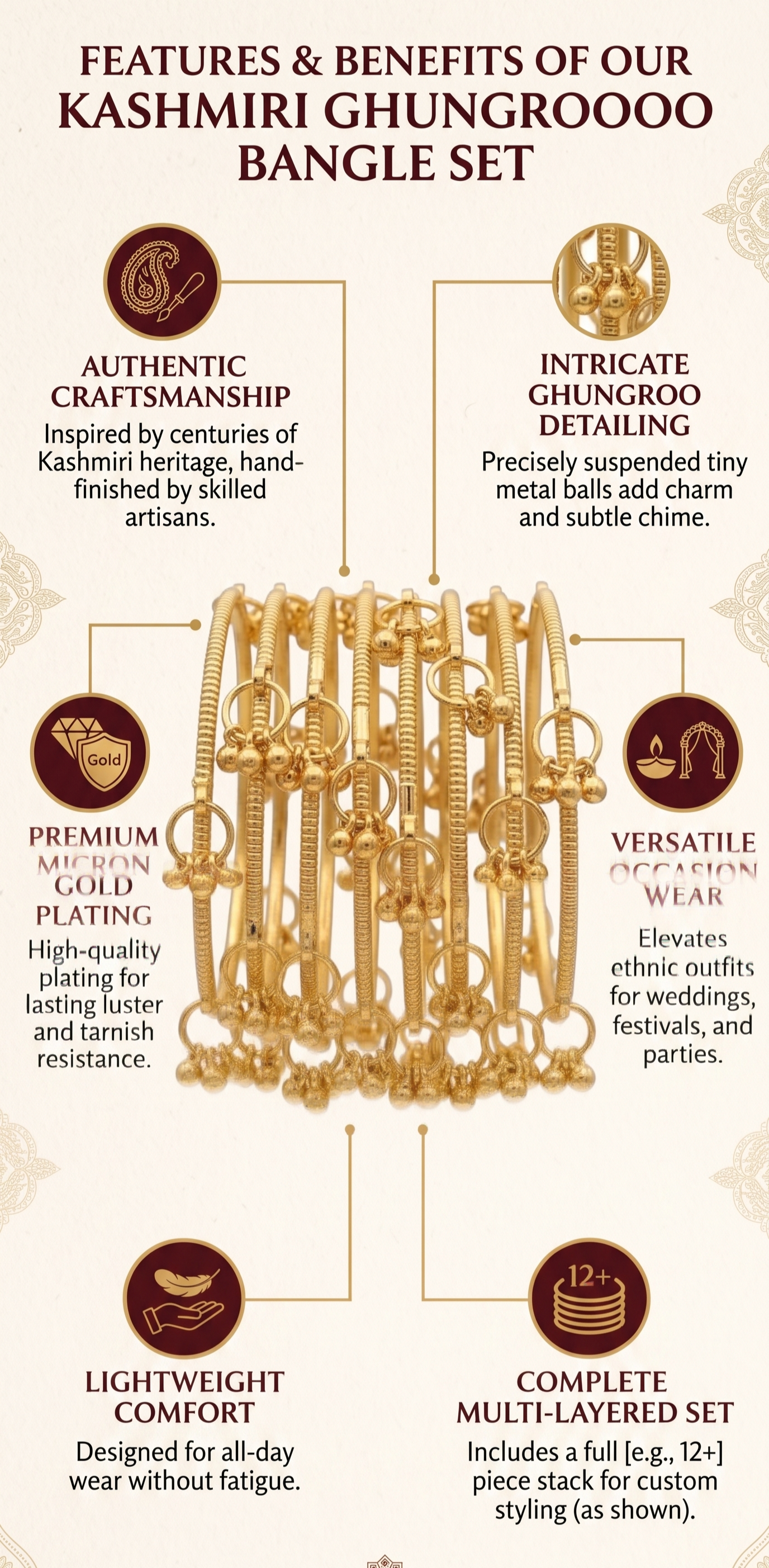 INNOVATE ART IMPEX Kashmiri Ghungroo Bangle Set | Premium Gold Plated Traditional Chudiyan (Set of 8) Innovate Art Impex