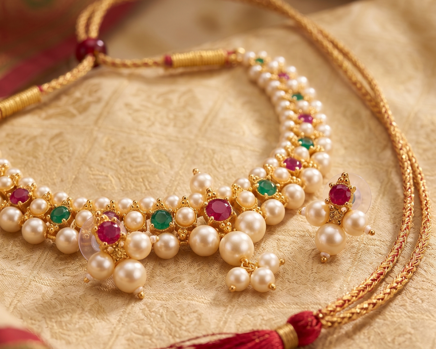 Antique gold and pearl choker set with ruby and emerald stones displayed on a premium cream jewelry bust inside a luxury boutique setting.