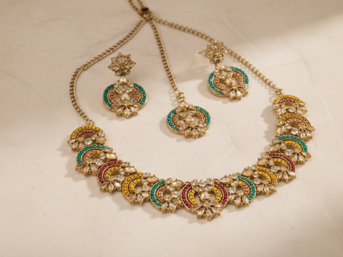 Close-up view of premium artificial Gold Plated Antique Multi Color Stone Choker Set with Crescent Earrings & Maang Tikka by Innovate Art Impex.