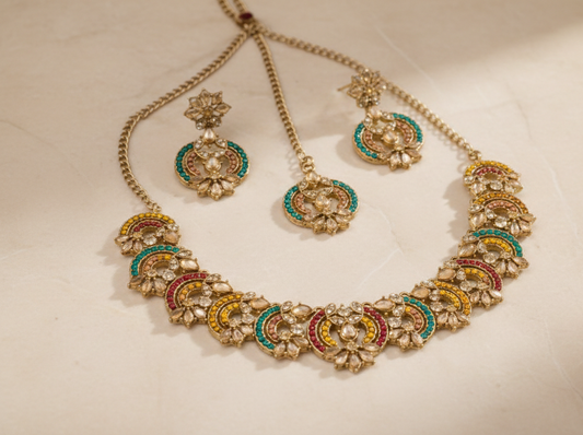 Close-up view of premium artificial Gold Plated Antique Multi Color Stone Choker Set with Crescent Earrings & Maang Tikka by Innovate Art Impex.