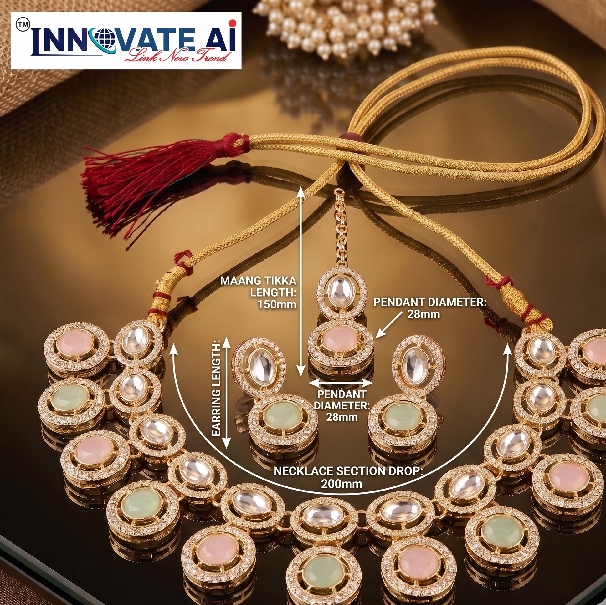 Jewelry set with necklace, earrings, and maang tikka on a reflective surface, featuring Innovate AI branding.
