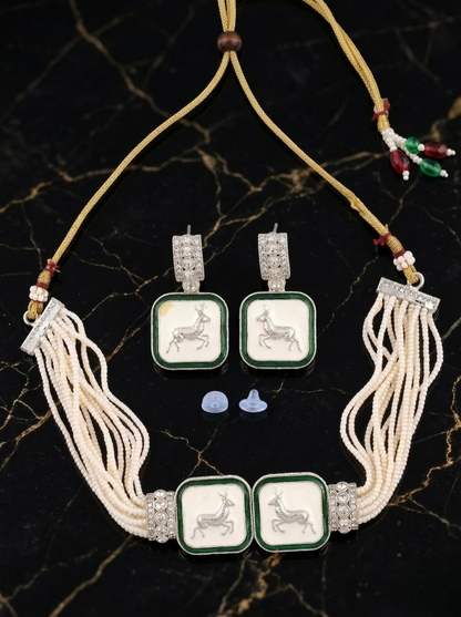 Close-up view of premium artificial Multi-Strand Faux Pearl Choker Set with Enamel Deer Motif by Innovate Art Impex.