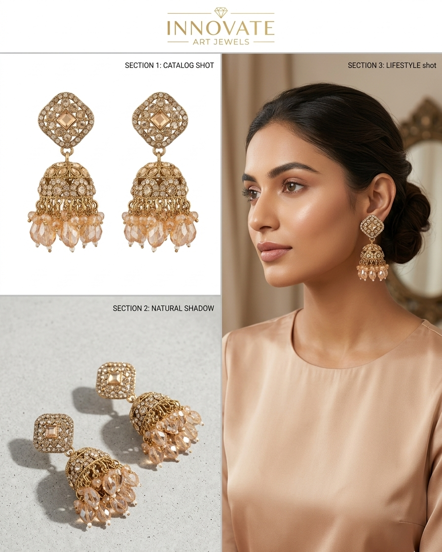 Close-up view of premium artificial Elegant Square-Shaped Kundan Studded Jhumka Earrings for Party and Festive Wear. by Innovate Art Impex.