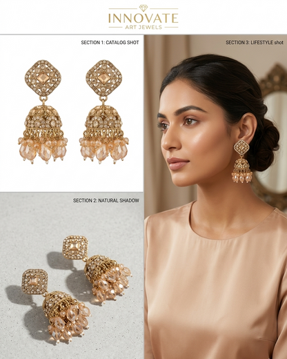 Close-up view of premium artificial Elegant Square-Shaped Kundan Studded Jhumka Earrings for Party and Festive Wear. by Innovate Art Impex.