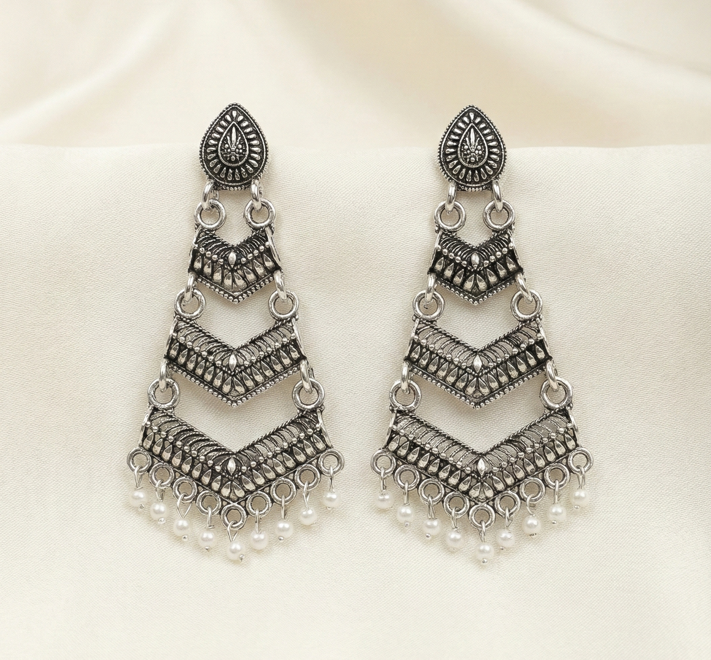 Close-up view of premium artificial Oxidized Silver Traditional Chandelier Earrings for Women by Innovate Art Impex.