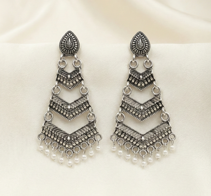Close-up view of premium artificial Oxidized Silver Traditional Chandelier Earrings for Women by Innovate Art Impex.