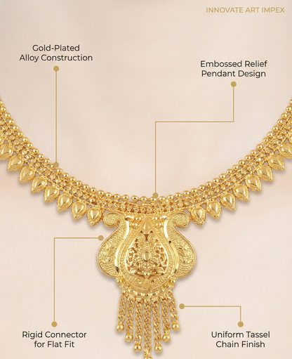 Close-up view of premium artificial Traditional Gold Toned Meenakari Inspired Temple Jewelry Set with Floral Filigree by Innovate Art Impex.