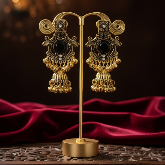 Close-up view of premium artificial Royal Emerald Black & Gold Jhumka Earrings   Antique Finish by Innovate Art Impex.