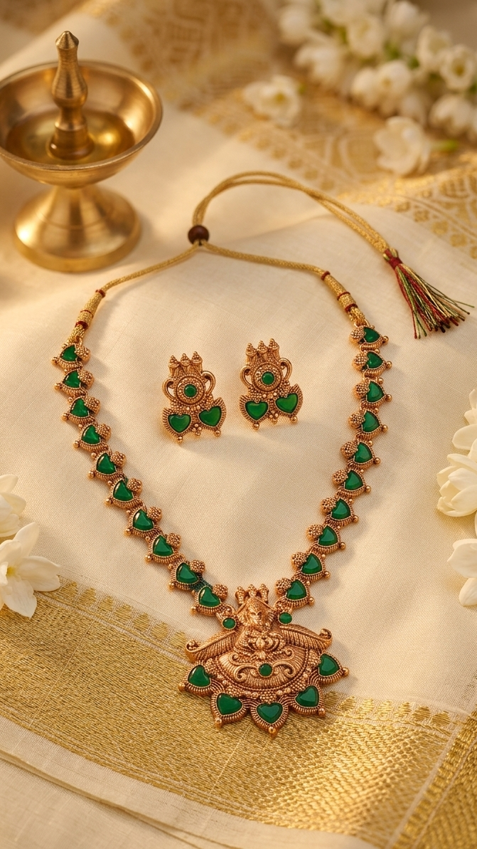 Kerala Palakka Antique Gold Necklace Set with Goddess Lakshmi Pendant Innovate Art Impex