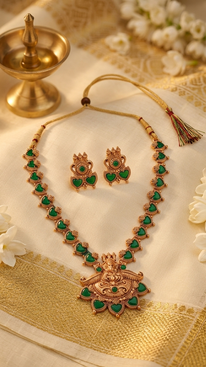Kerala Palakka Antique Gold Necklace Set with Goddess Lakshmi Pendant Innovate Art Impex