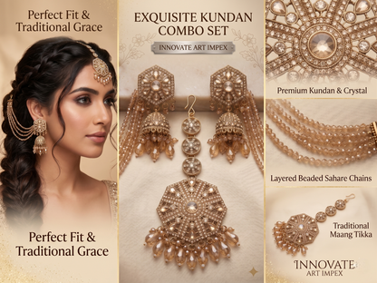 Jewelry set with earrings and necklaces on a beige background, featuring 'Innovate Art Impex' branding.