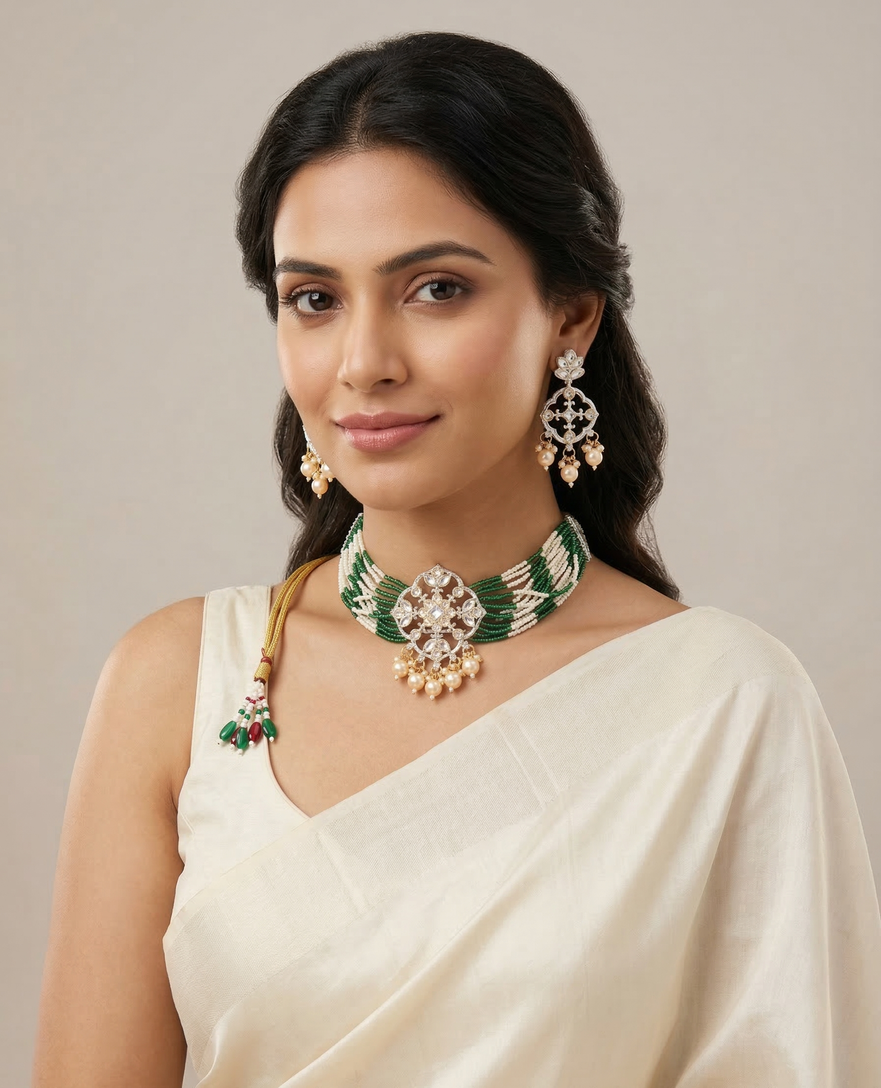 Close-up view of premium artificial Ethnic Geometric Kundan Statement Necklace Set with Dual-Tone Bead Strands by Innovate Art Impex.