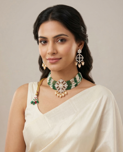 Close-up view of premium artificial Ethnic Geometric Kundan Statement Necklace Set with Dual-Tone Bead Strands by Innovate Art Impex.