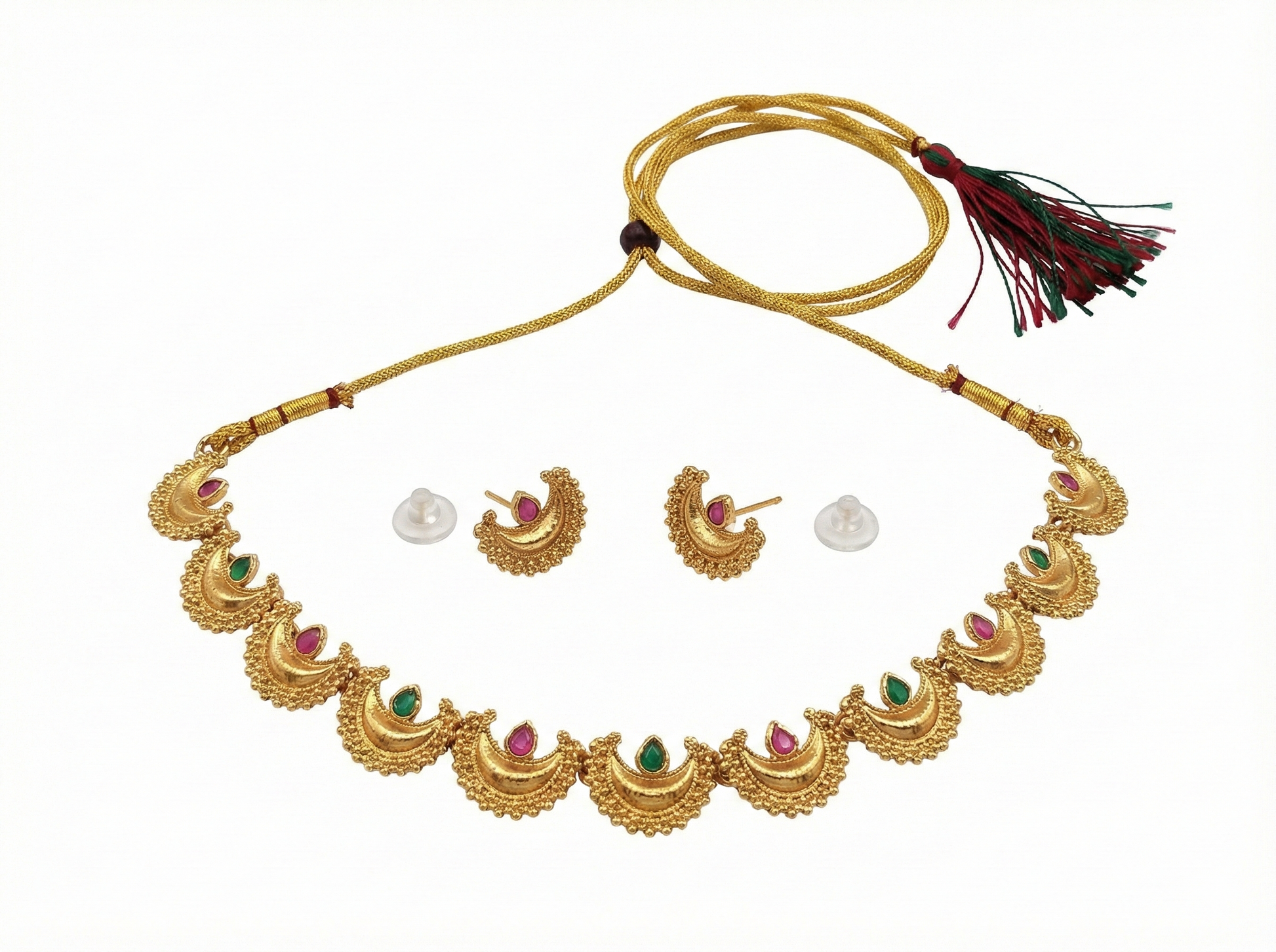 Close-up view of premium artificial Traditional Maharashtrian Chandrakor Green & Maroon Stone Necklace Set   Gold Plated by Innovate Art Impex.