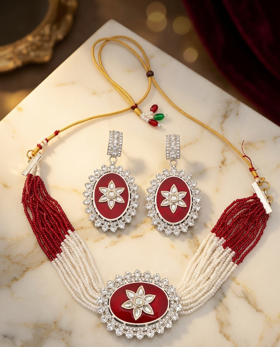 Close-up view of premium artificial Multi-Strand Beaded Choker Necklace Set with Floral Enamel Centerpiece by Innovate Art Impex.
