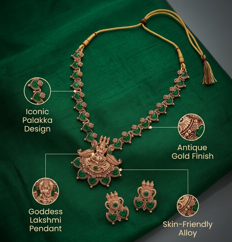 Kerala Palakka Antique Gold Necklace Set with Goddess Lakshmi Pendant Innovate Art Impex