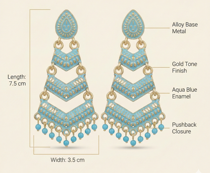 Close-up view of premium artificial Firozi Meenakari Gold Plated Layered Drop Earrings with Pearl Hanging by Innovate Art Impex.