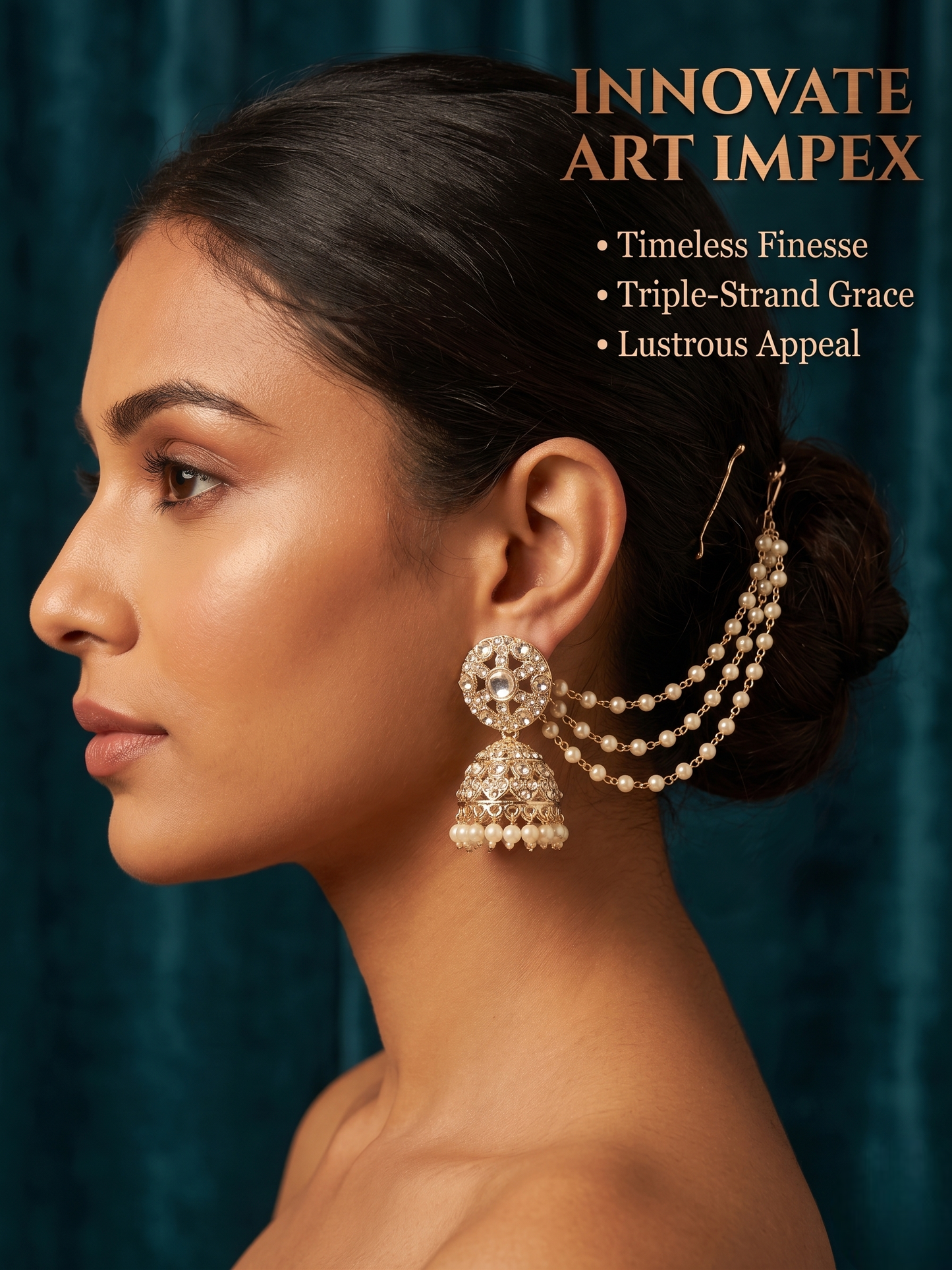Woman wearing intricate earrings with 'Innovate Art Impex' text on a dark background