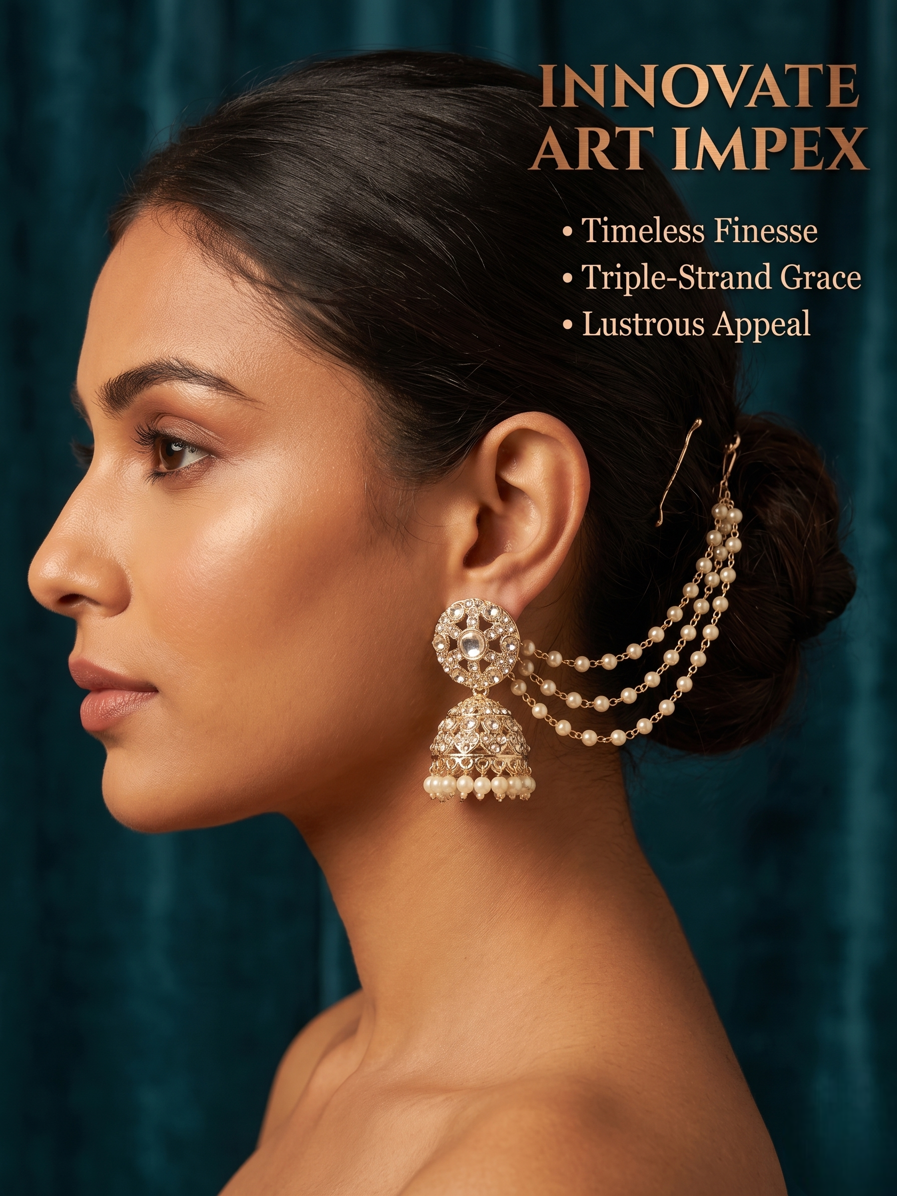 Woman wearing intricate earrings with 'Innovate Art Impex' text on a dark background