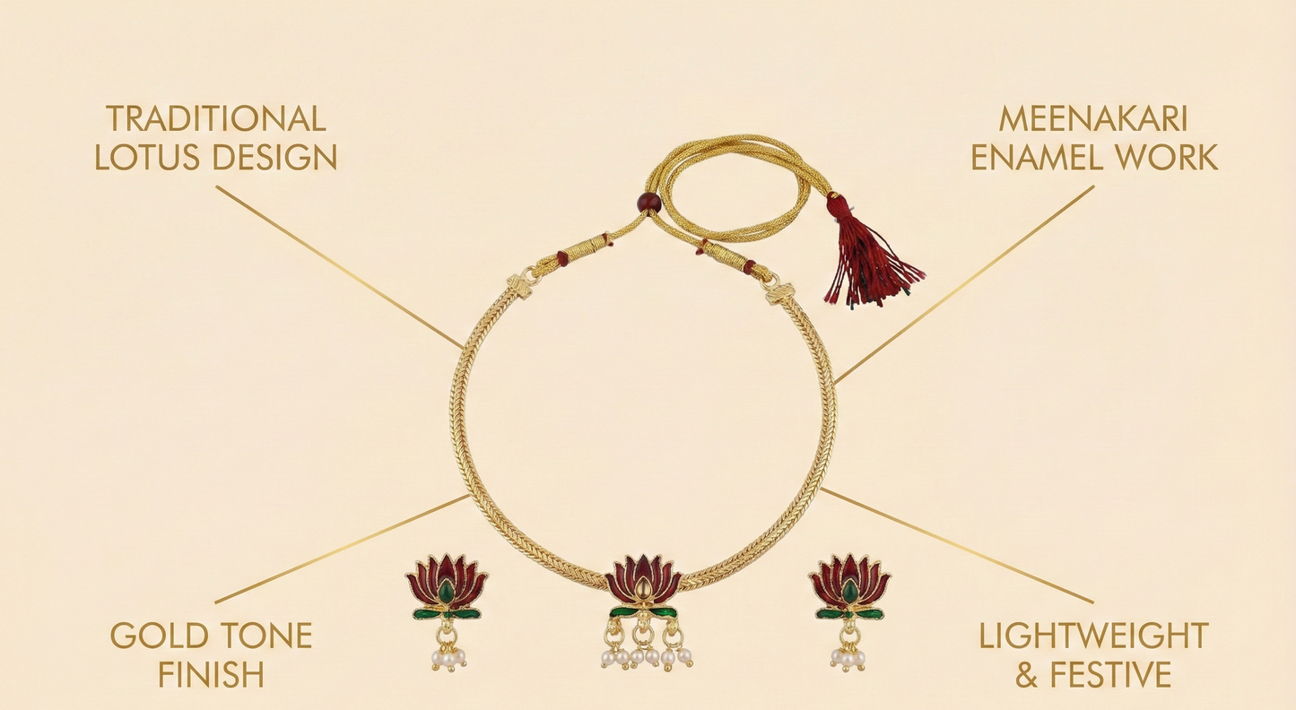Close-up view of premium artificial Elegant Maroon Lotus Meenakari Gold Plated Choker Necklace Set with Earrings & Pearl Drops by Innovate Art Impex.