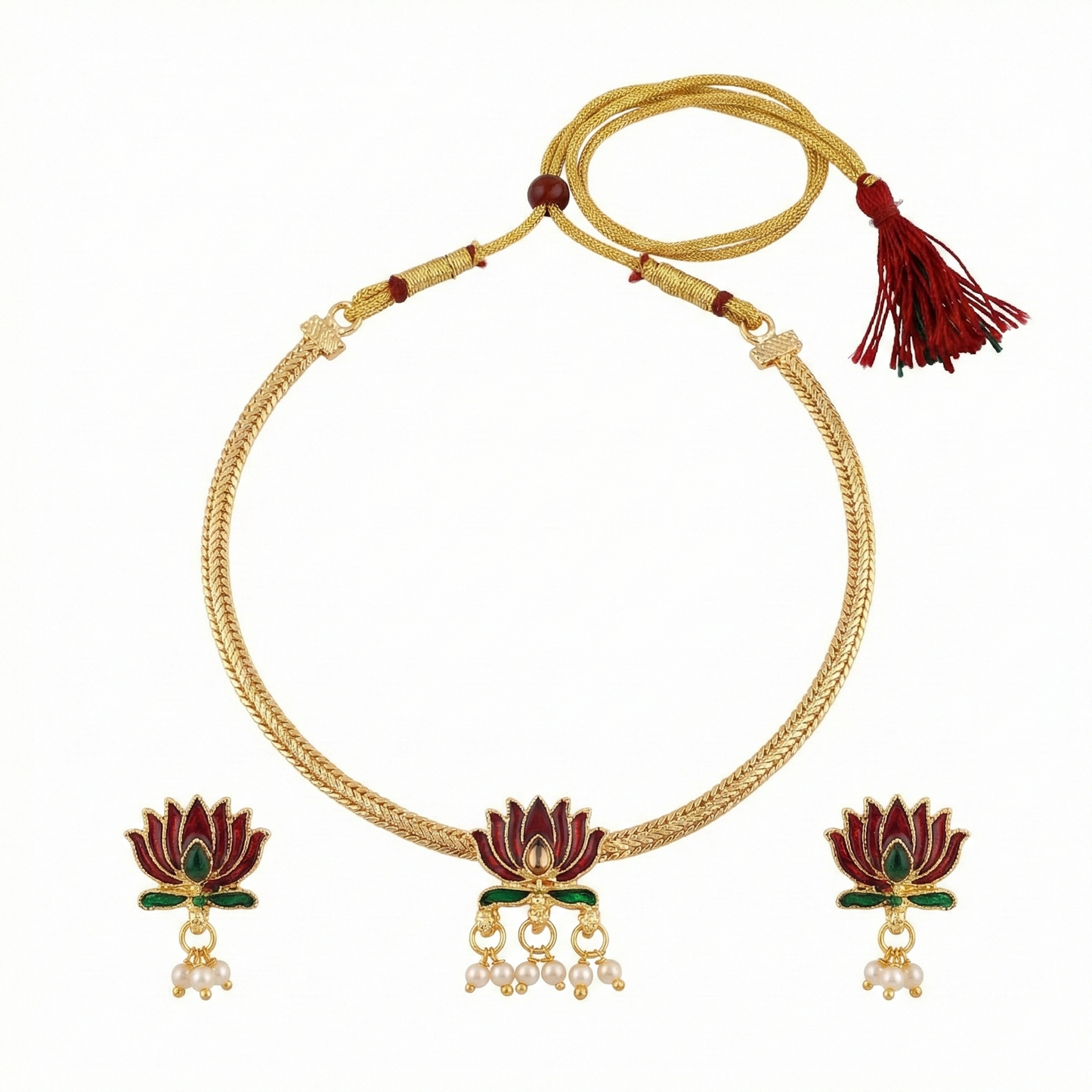 Close-up view of premium artificial Elegant Maroon Lotus Meenakari Gold Plated Choker Necklace Set with Earrings & Pearl Drops by Innovate Art Impex.