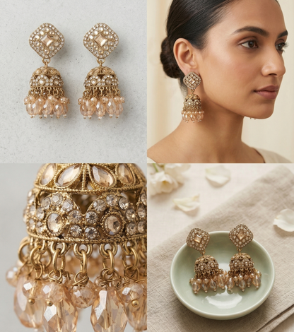Close-up view of premium artificial Elegant Square-Shaped Kundan Studded Jhumka Earrings for Party and Festive Wear. by Innovate Art Impex.