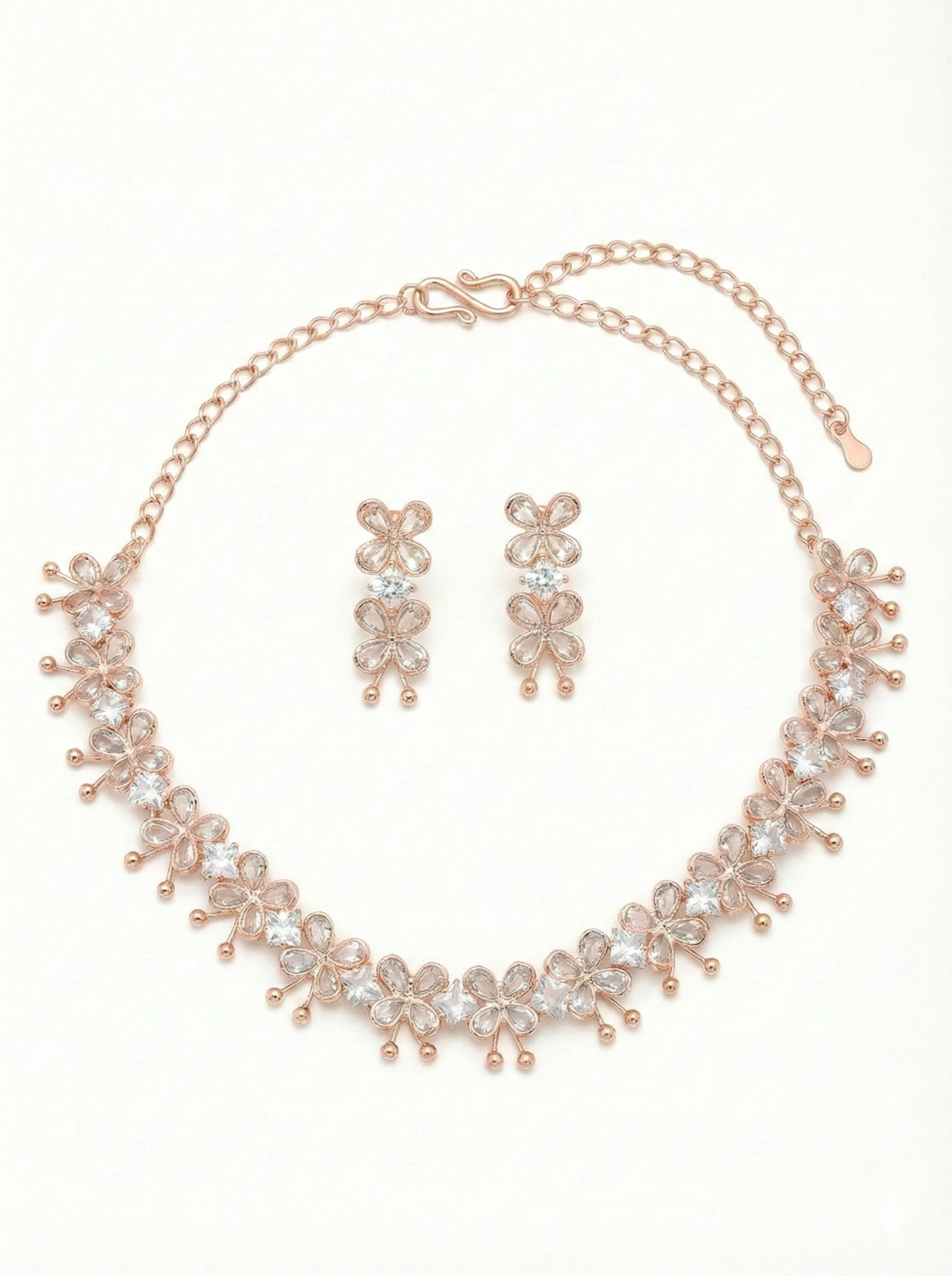 Close-up view of premium artificial Rose Gold Floral Crystal Necklace and Earrings Set by Innovate Art Impex.