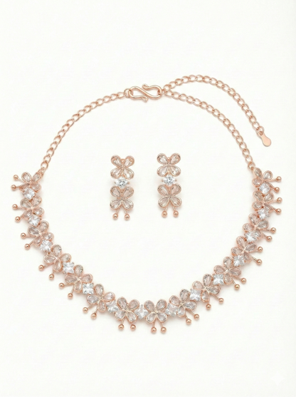 Close-up view of premium artificial Rose Gold Floral Crystal Necklace and Earrings Set by Innovate Art Impex.