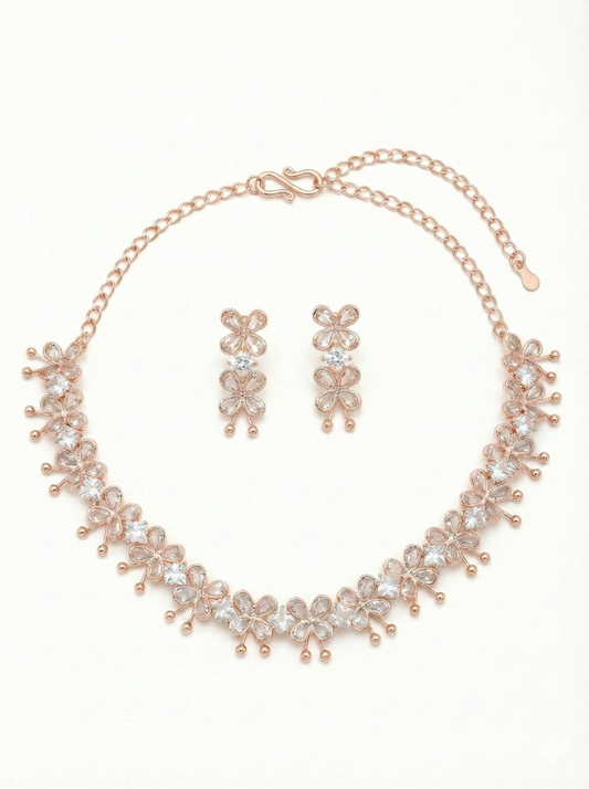 Rose Gold Floral Crystal Necklace and Earrings Set