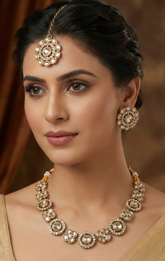 Close-up view of premium artificial Innovate Art Impex Traditional Gold Plated Kundan Style Choker Necklace Set with Matching Earrings and Maang Tikka for Women | Cubic Zirconia CZ Stones Ethnic Indian Fashion Jewellery | Lightweight Alloy Statement Accessories for Traditional Occasions by Innovate Art Impex.