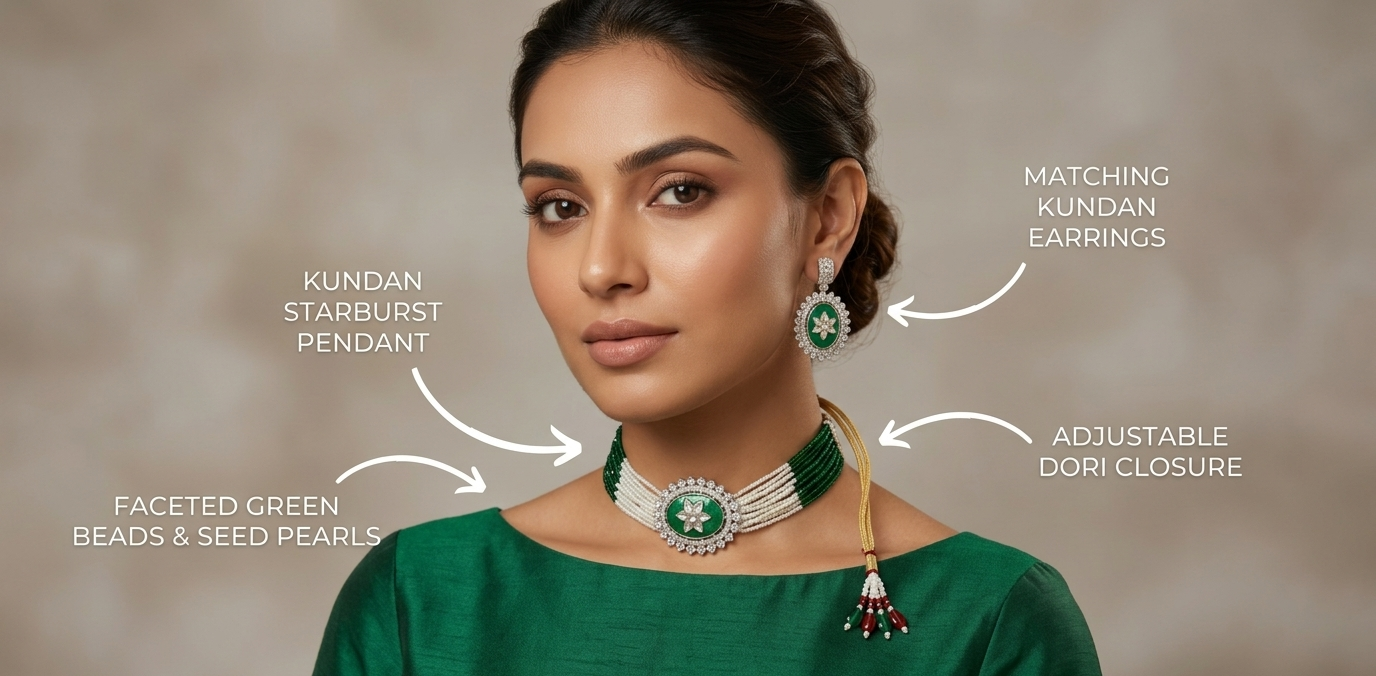 Close-up view of premium artificial Festive Wear Multi-Strand Beaded Choker Set with Enamel Detailing by Innovate Art Impex.
