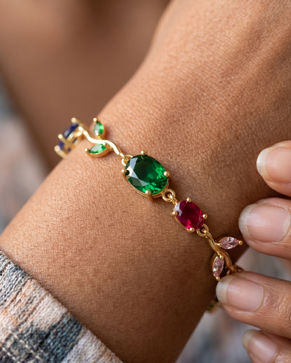 Rainbow Vine Multi-Gemstone Bracelet - Gold Plated Botanical Leaf Link Design with Oval Ruby, Sapphire, Emerald, Amethyst & Citrine